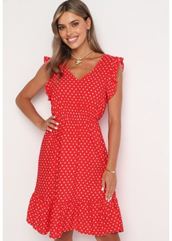 Czerwona Rozkloszowana Sukienka z Bawełną i Wiskozą Wykończona Gumką w Talii z Falbanką Fesvia ze sklepu Born2be Odzież w kategorii Sukienki - zdjęcie 173885520