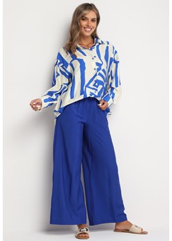 Niebiesko-Biały Wiskozowy Komplet Koszula z Dłuższym Tyłem Spodnie z Gumką w Talii Kolefia ze sklepu Born2be Odzież w kategorii Komplety i garnitury damskie - zdjęcie 173885611