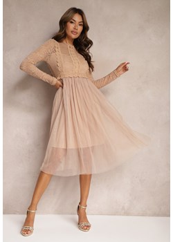 Ciemnobeżowa Elegancka Tiulowa Sukienka o Rozkloszowanym Kroju z Koronką Samelba ze sklepu Renee odzież w kategorii Sukienki - zdjęcie 173886861