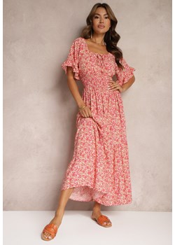 Różowo-Beżowa Rozkloszowana Sukienka z Bawełny Ozdobiona Wiązaniem z Gumką w Pasie Mesvia ze sklepu Renee odzież w kategorii Sukienki - zdjęcie 173886942