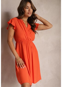 Pomarańczowa Sukienka o Rozkloszowanym Kroju z Gumką w Pasie i Falbanką Xalvia ze sklepu Renee odzież w kategorii Sukienki - zdjęcie 173887034