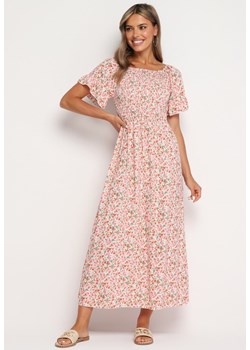 Jasnoróżowa Taliowana Sukienka z Bawełny w Kwiaty z Kwadratowym Dekoltem Nesvia ze sklepu Born2be Odzież w kategorii Sukienki - zdjęcie 173889624