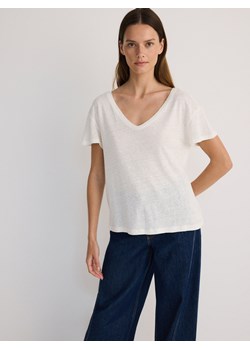 Reserved - T- shirt z lnem i wiskozą - złamana biel ze sklepu Reserved w kategorii Bluzki damskie - zdjęcie 173892804