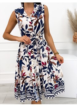 Kremowa Sukienka w Granatowe Liście z Paskiem ze sklepu ModnaKiecka.pl w kategorii Sukienki - zdjęcie 173894771