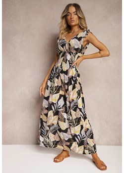 Czarno-Beżowa  Sukienka z Wiązaniami na Ramiączkach o Rozkloszowanym Fasonie w Kwiatowy Print Benarie ze sklepu Renee odzież w kategorii Sukienki - zdjęcie 173957601