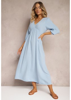 Jasnoniebieska Sukienka z Bawełny Ozdobiona Wiązaniem i Gumką w Pasie Wlarina ze sklepu Renee odzież w kategorii Sukienki - zdjęcie 173957631