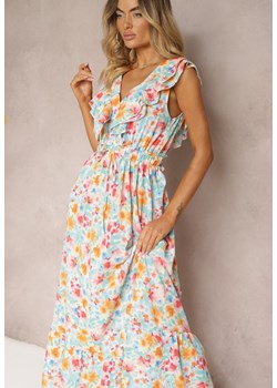 Niebiesko-Pomarańczowa Sukienka z Gumką w Talii w Kwiatowy Wzór z Falbankami Arivia ze sklepu Renee odzież w kategorii Sukienki - zdjęcie 173957794