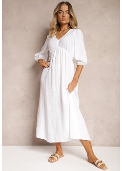 Biała Sukienka z Bawełny Ozdobiona Wiązaniem i Gumką w Pasie Wlarina ze sklepu Renee odzież w kategorii Sukienki - zdjęcie 173959494