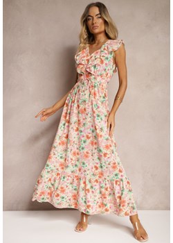 Różowa Sukienka z Gumką w Talii w Kwiatowy Wzór z Falbankami Arivia ze sklepu Renee odzież w kategorii Sukienki - zdjęcie 173959711