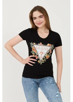 GUESS Czarny t-shirt Triangle Flowers, Wybierz rozmiar XL ze sklepu outfit.pl w kategorii Bluzki damskie - zdjęcie 173970103