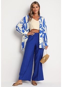 Niebiesko-Biały Wiskozowy Komplet Koszula z Dłuższym Tyłem Spodnie z Gumką w Talii Kolefia ze sklepu Born2be Odzież w kategorii Komplety i garnitury damskie - zdjęcie 173972974