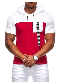 T-shirt męski z kapturem bez nadruku 1972S - czerwony ze sklepu Edoti w kategorii T-shirty męskie - zdjęcie 173973570