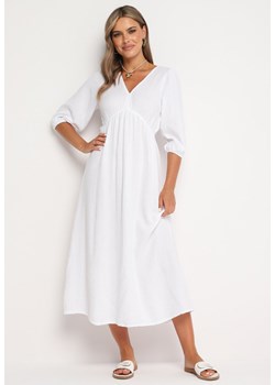 Biała Rozkloszowana Bawełniana Sukienka Boho z Wiązaniem i Gumką w Talii Lawla ze sklepu Born2be Odzież w kategorii Sukienki - zdjęcie 173976104