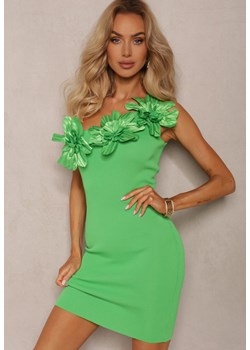 Zielona Asymetryczna Sukienka Koktajlowa z Wiskozą Ozdobiona Kwiatami 3D Wisbene ze sklepu Renee odzież w kategorii Sukienki - zdjęcie 173976392