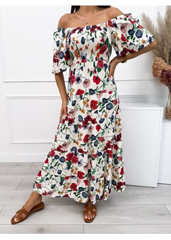 Kremowa Sukienka w Kolorowe Kwiaty ze sklepu ModnaKiecka.pl w kategorii Sukienki - zdjęcie 173997562