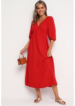 Czerwona Rozkloszowana Bawełniana Sukienka Boho z Wiązaniem i Gumką w Talii Lawla ze sklepu Born2be Odzież w kategorii Sukienki - zdjęcie 174016240