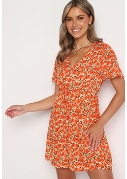 Pomarańczowa Sukienka Mini z Wiskozy w Mozaikowy Wzór z Trójkątnym Dekoltem i Sznureczkiem w Talii Pireta ze sklepu Born2be Odzież w kategorii Sukienki - zdjęcie 174016360