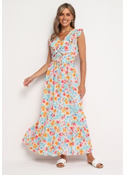 Niebiesko-Pomarańczowa Zwiewna Sukienka z Falbankami i Kwiatowym Wzorem Zenivia ze sklepu Born2be Odzież w kategorii Sukienki - zdjęcie 174016433