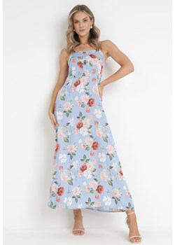 Niebieska Sukienka Maxi na Szerokich Ramiączkach z Ozdobnymi Guzikami w Kwiaty Delphyne ze sklepu Born2be Odzież w kategorii Sukienki - zdjęcie 174018961