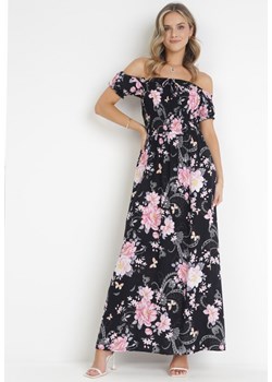 Czarna Sukienka Maxi w Kwiaty z Ozdobnym Wiązaniem przy Dekolcie i Krótkimi Rękawami Paninthe ze sklepu Born2be Odzież w kategorii Sukienki - zdjęcie 174031461