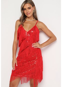Czerwona Sukienka z Frędzlami Ozdobiona Cekinami na Cienkich Ramiączkach Neloa ze sklepu Born2be Odzież w kategorii Sukienki - zdjęcie 174032842