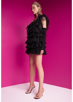 Czarna Rozkloszowana Sukienka Mini z Falbankami i Asymetrycznymi Ramionami Liurtta ze sklepu Renee odzież w kategorii Sukienki - zdjęcie 174047251