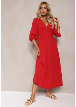 Czerwona Sukienka z Bawełny Ozdobiona Wiązaniem i Gumką w Pasie Wlarina ze sklepu Renee odzież w kategorii Sukienki - zdjęcie 174050231