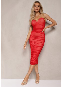 Czerwona Marszczona Sukienka Midi z Siatki z Marszczeniem Pandone ze sklepu Renee odzież w kategorii Sukienki - zdjęcie 174050261