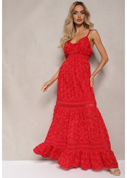 Czerwona Sukienka Koktajlowa z Motywem Kwiatów na Regulowanych Ramiączkach z Gumką w Talii Navitha ze sklepu Renee odzież w kategorii Sukienki - zdjęcie 174050291