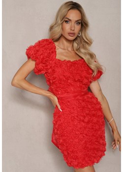 Czerwona Sukienka Koktajlowa Hiszpanka z Kwiatowym Motywem Ozdobiona Wiązaniem Navily ze sklepu Renee odzież w kategorii Sukienki - zdjęcie 174050311
