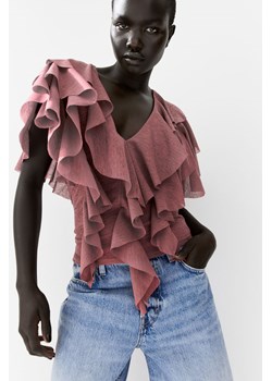 H & M - Dżersejowy top z falbanami - Różowy ze sklepu H&M w kategorii Bluzki damskie - zdjęcie 174052024