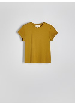 Reserved - T-shirt slim fit z domieszką jedwabiu - oliwkowy ze sklepu Reserved w kategorii Bluzki damskie - zdjęcie 174114530
