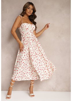 Beżowo-Czerwona Rozkloszowana Sukienka na Ramiączkach w Kwiatowy Wzór Rivasell ze sklepu Renee odzież w kategorii Sukienki - zdjęcie 174121822