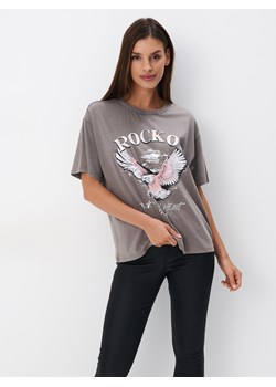 Mohito - Bawełniany t-shirt z nadrukiem - szary ze sklepu Mohito w kategorii Bluzki damskie - zdjęcie 174163493