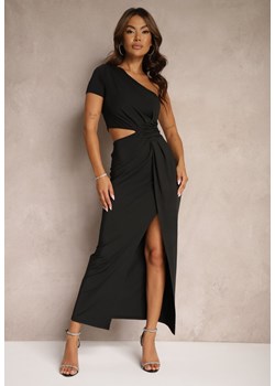 Czarna Asymetryczna Sukienka z Dodatkiem Wiskozy Zdobiona Wycięciem i Marszczeniem Evilara ze sklepu Renee odzież w kategorii Sukienki - zdjęcie 174168742