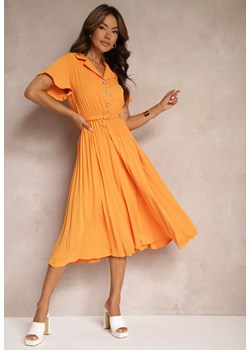 Pomarańczowa Plisowana Rozkloszowana Sukienka z Paskiem Guzikami i Gumką w Talii Nelaika ze sklepu Renee odzież w kategorii Sukienki - zdjęcie 174169710