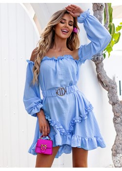 Błękitna sukienka mini z paskiem w talii Madyson - błękitny ze sklepu pakuten.pl w kategorii Sukienki - zdjęcie 174274290