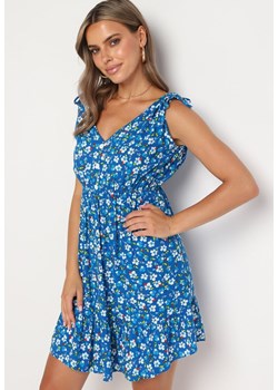 Niebieska Rozkloszowana Bawełniana Sukienka w Kwiaty z Gumką w Pasie Evieles ze sklepu Born2be Odzież w kategorii Sukienki - zdjęcie 174351904