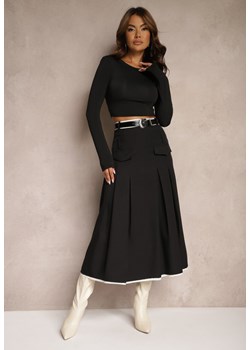Czarna Spódnica High Waist z Plisami Wykończona Imitacją Kieszeni i Paskiem Evilenes ze sklepu Renee odzież w kategorii Spódnice - zdjęcie 174359700