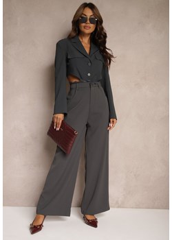 Szare Garniturowe Spodnie z Koronką o Szerokim Kroju High Waist Nevisha ze sklepu Renee odzież w kategorii Spodnie damskie - zdjęcie 174359720