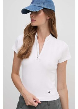Calvin Klein Jeans t-shirt damski kolor biały z półgolfem J20J223564 ze sklepu ANSWEAR.com w kategorii Bluzki damskie - zdjęcie 174556893