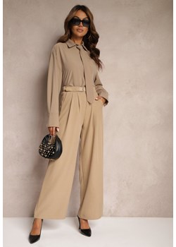 Beżowe Szerokie Garniturowe Spodnie Ozdobione Paskiem Veriette ze sklepu Renee odzież w kategorii Spodnie damskie - zdjęcie 174564031
