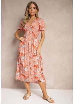 Pomarańczowa Wiskozowa Sukienka Midi z Krótkimi Rękawami i Głębokim Dekoltem Emsle ze sklepu Renee odzież w kategorii Sukienki - zdjęcie 174592920