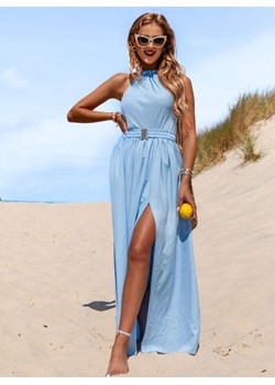 Błękitna długa sukienka z rozcięciem Marleane - błękitny ze sklepu pakuten.pl w kategorii Sukienki - zdjęcie 174610600