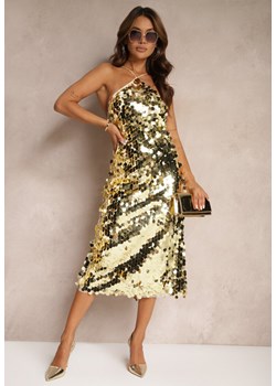 Złota Cekinowa Sukienka o Asymetrycznym Fasonie z Ozdobnym Wiązaniem na Plecach Leriseli ze sklepu Renee odzież w kategorii Sukienki - zdjęcie 174664572