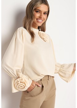 Beżowa Bluzka z Bawełną i Kwiatową Aplikacją 3D Merissea ze sklepu Born2be Odzież w kategorii Bluzki damskie - zdjęcie 174684142