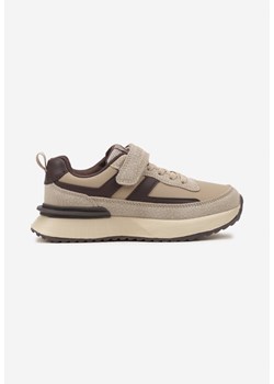 Ciemnobeżowe Płaskie Buty Sportowe Sneakersy na Rzepy z Geometrycznymi Paskami Nerithelle ze sklepu born2be.pl w kategorii Buty sportowe dziecięce - zdjęcie 174717793