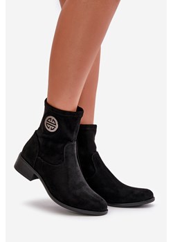 Damskie Zapinane Na Zamek Botki Ozdobny Detal Eko Zamsz Czarne Lerioria ze sklepu ZAZOO w kategorii Botki - zdjęcie 174819731