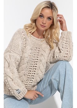 Beżowy ażurowy wełniany sweter o grubym splocie Chunky Knit F1318, Kolor beżowy, Rozmiar L/XL, Fobya ze sklepu Primodo w kategorii Swetry damskie - zdjęcie 174891411