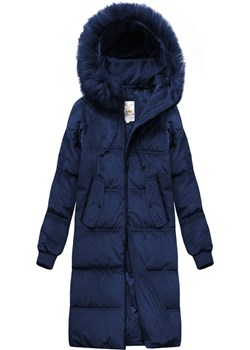 Zimowa sztruksowa kurtka damska z kapturem granatowa (7763) ze sklepu goodlookin.pl w kategorii Kurtki damskie - zdjęcie 175045603